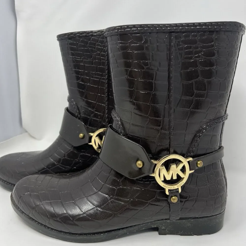 Michael Kors Rain Booties Dark Brown Croc Embossed Equestrian Rubber Rainboot S7